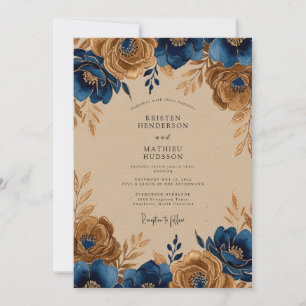 Navy Blue Gold Regal Rustic Wedding Invitation