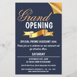 Navy Blue & Gold Ribbon Restaurant Grand Opening  Flyer