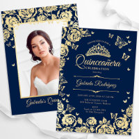 Navy Blue Gold Roses Butterflies Quinceanera Photo