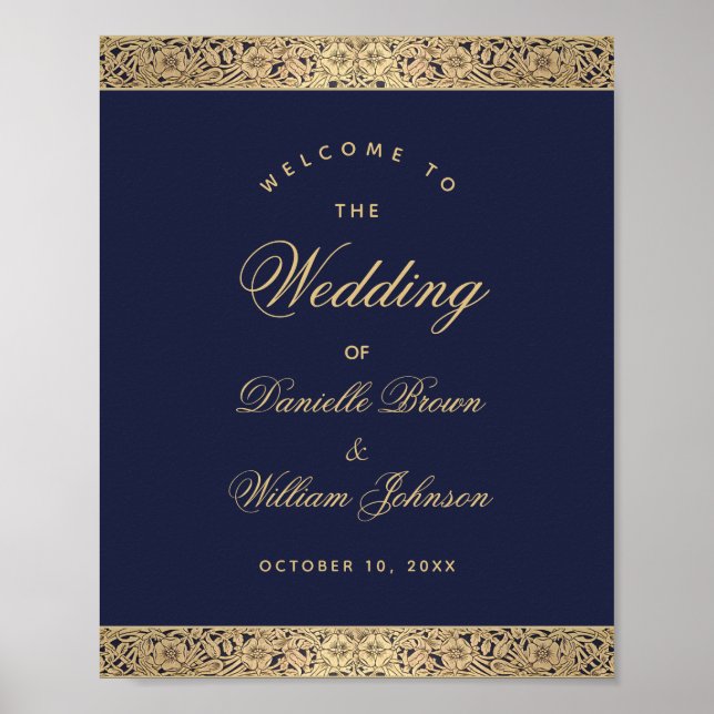Navy Blue Gold Roses Elegant Wedding Welcome Sign (Front)