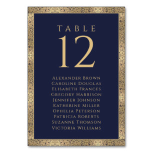 Navy Blue Gold Roses Guest Names Seating Chart Table Number
