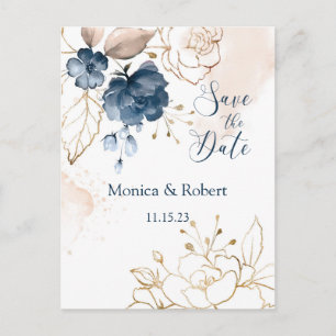Navy blue & gold roses Save the Date Postcard
