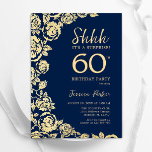 Navy Blue Gold Roses Surprise 60th Birthday Invitation