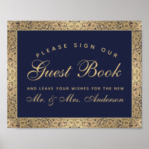 Navy Blue Gold Roses Wedding Sign Our Guest Book