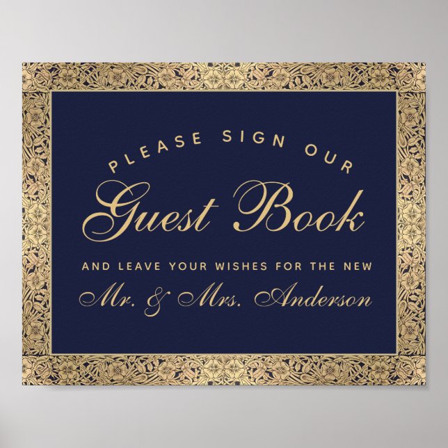  Navy Blue Gold Roses Wedding Sign Our Guest Book (Front)