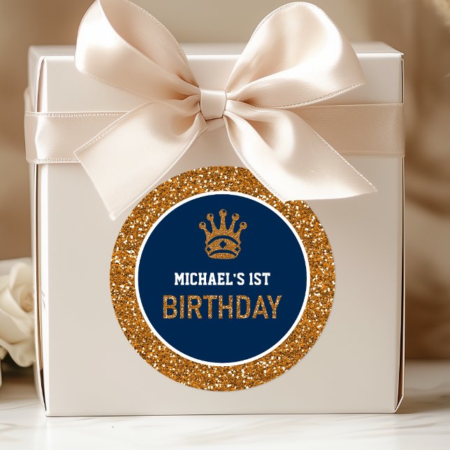 Navy Blue Gold Royal Prince Crown First Birthday Classic Round Sticker (Creator Uploaded)