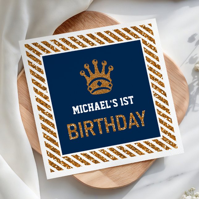 Navy Blue Gold Royal Prince Crown First Birthday Napkin (Creator Uploaded)