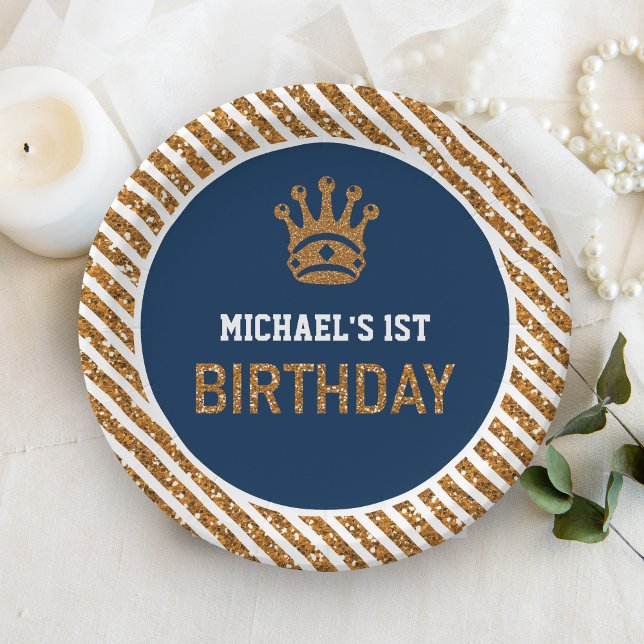 Navy Blue Gold Royal Prince Crown First Birthday Paper Plate (Creator Uploaded)
