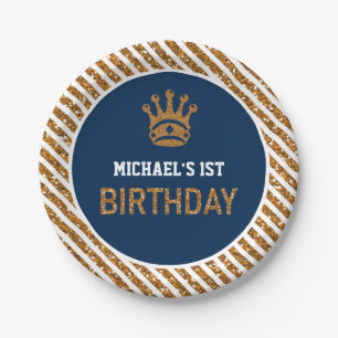 Navy Blue Gold Royal Prince Crown First Birthday Paper Plate