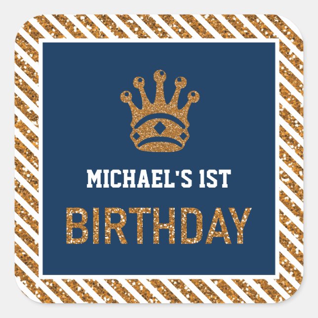 Navy Blue Gold Royal Prince Crown First Birthday Square Sticker (Front)