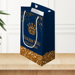 Navy Blue Gold Royal Prince Crown Thank You Small Gift Bag