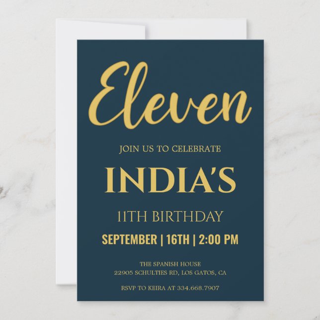 Navy Blue & Gold Script 11th Birthday  Invitation (Front)