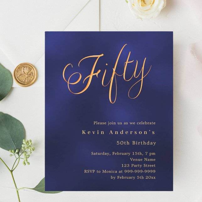 Navy blue gold script 50th birthday invitaiton (Creator Uploaded)