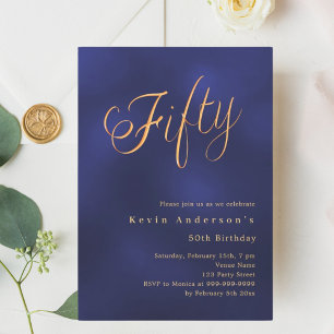 Navy blue gold script 50th birthday invitation
