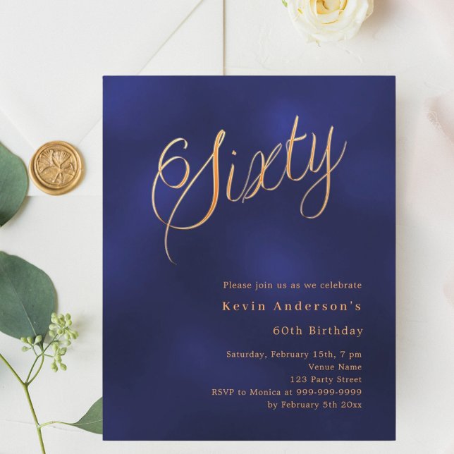 Navy blue gold script 60th birthday invitation (Creator Uploaded)