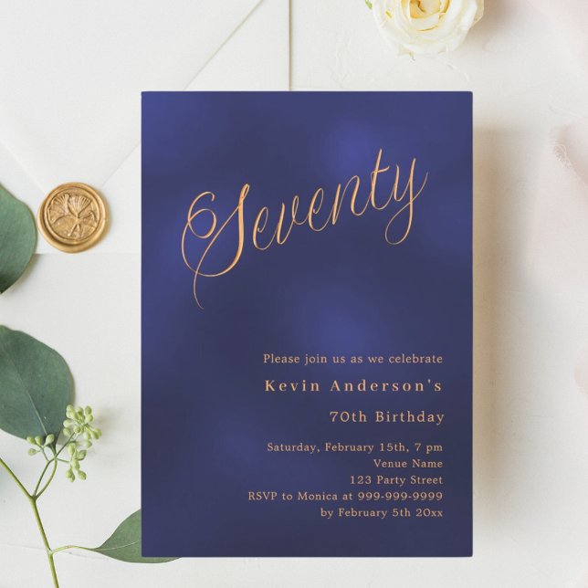 Navy blue gold script 70th birthday invitation (Creator Uploaded)