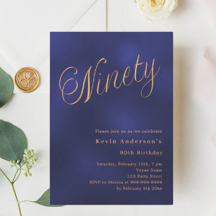 Navy blue gold script 90th birthday invitation