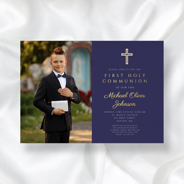 Navy Blue Gold Script Boy Photo First Communion (Navy Blue Gold Script Boy Photo First Communion Foil Invitation)