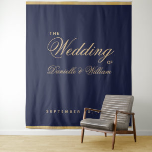 Navy Blue Gold Script Calligraphy Wedding Backdrop Tapestry