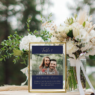 Navy Blue & Gold Script Fun Facts Photo Wedding Table Number