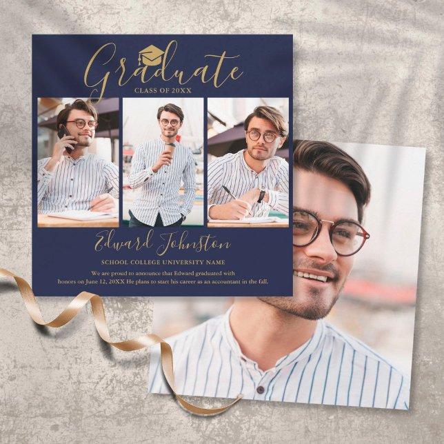 Navy Blue Gold Script Graduate 4 Photo Graduation  Announcement (Creator Uploaded)