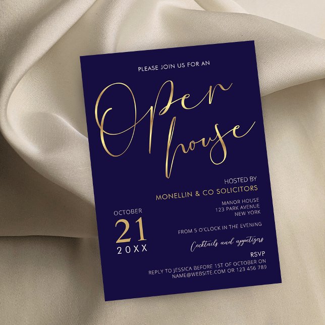 Navy Blue & Gold Script Logo Business Open House Invitation (Creator Uploaded)