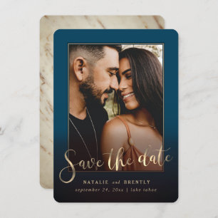 Navy Blue Gold Script & Marble Photo Overlay Save The Date