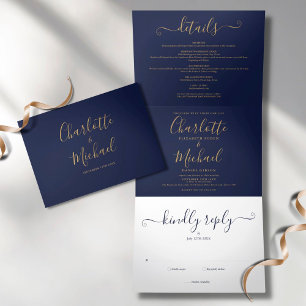 Navy Blue Gold Script Minimalist Photo Wedding Tri-Fold Invitation