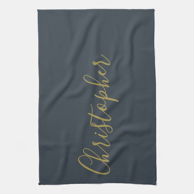 Navy Blue Gold Script Name Minimalist Monogram Men Tea Towel (Vertical)