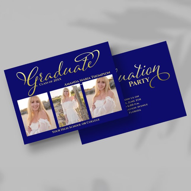 Navy Blue Gold Script Photo Collage Graduation Invitation (Navy blue and gold script graduation photo collage announcement with three senior portraits.)