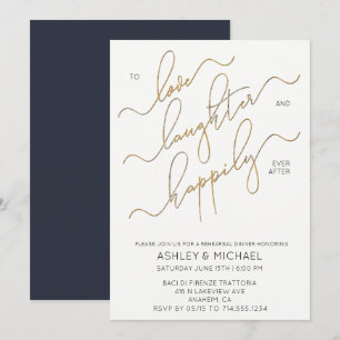 Navy Blue Gold Script Rehearsal Dinner Invite