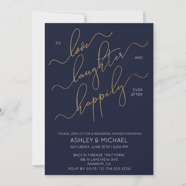 Navy Blue Gold Script Rehearsal Dinner Invite (Front)