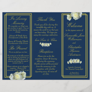 Navy Blue Gold Script Rose Trifold Wedding Program