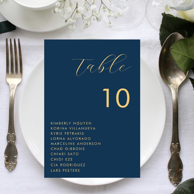 Navy Blue Gold Script Seating Chart Names Wedding Table Number (Creator Uploaded)