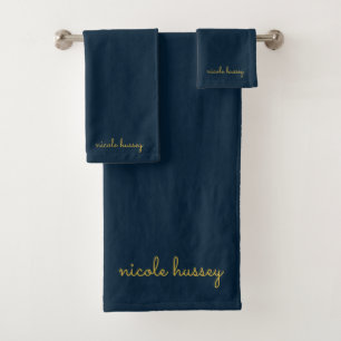 Navy Blue Gold Script Stylish Monogram Modern Bath Towel Set