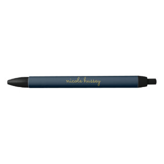 Navy Blue Gold Script | Stylish Monogram Modern Black Ink Pen