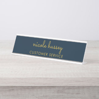 Navy Blue Gold Script | Stylish Monogram Modern Desk Name Plate