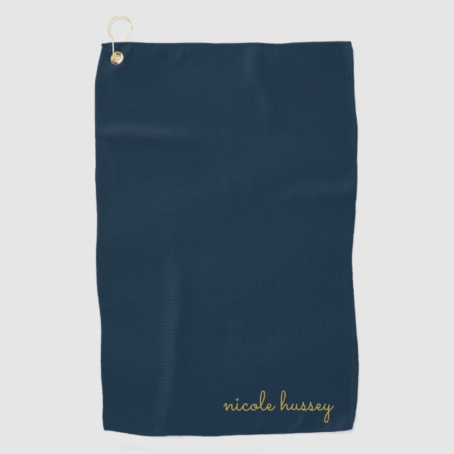 Navy Blue Gold Script  | Stylish Monogram Modern Golf Towel (Front)