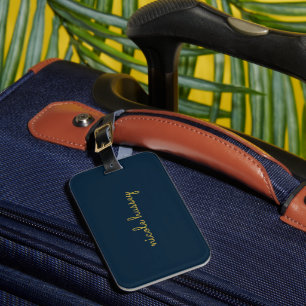 Navy Blue Gold Script Stylish Monogram Modern Luggage Tag