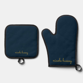 Navy Blue Gold Script | Stylish Monogram Modern Oven Mitt & Pot Holder Set