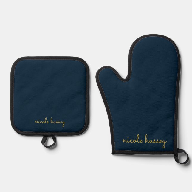 Navy Blue Gold Script  | Stylish Monogram Modern Oven Mitt & Pot Holder Set (Front)
