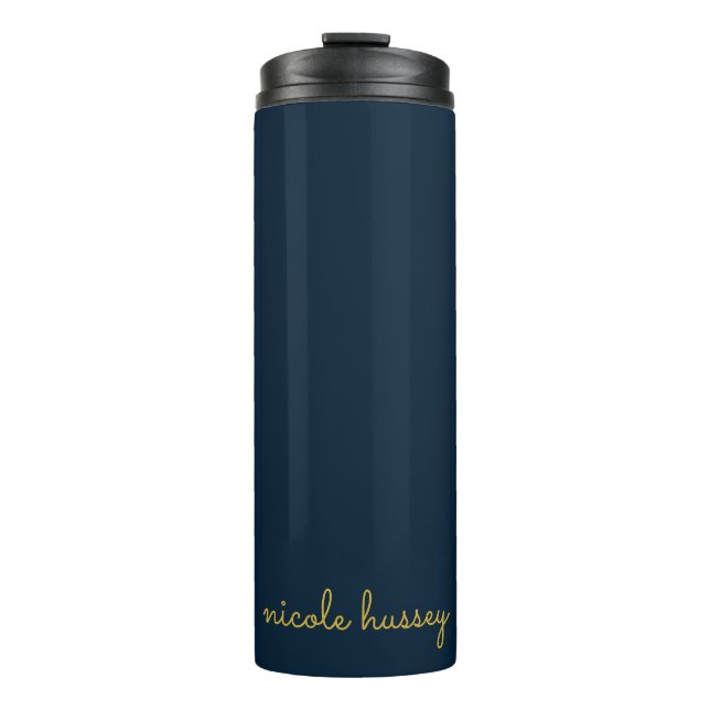 Navy Blue Gold Script  | Stylish Monogram Modern Thermal Tumbler (Front)