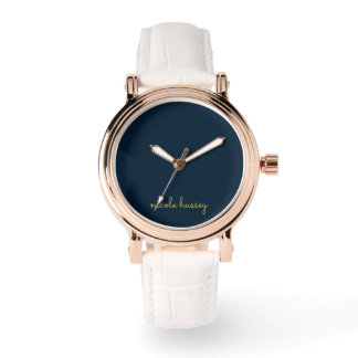 Navy Blue Gold Script | Stylish Monogram Modern Watch