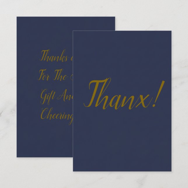 Navy Blue Gold Script Thanx Thank You Card (Front/Back)