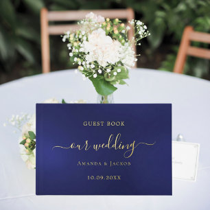 Navy blue gold script wedding guest book