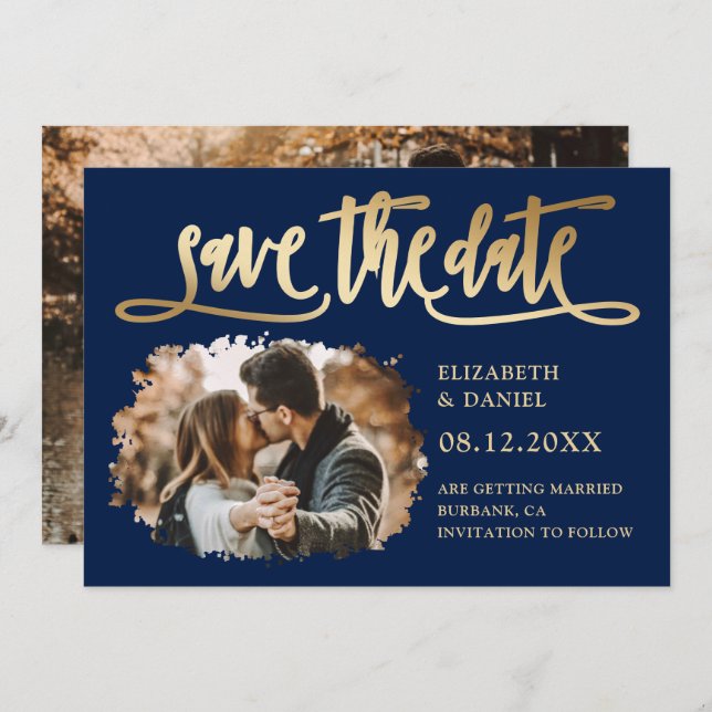Navy Blue Gold Script Wedding Photo Save The Date (Front/Back)