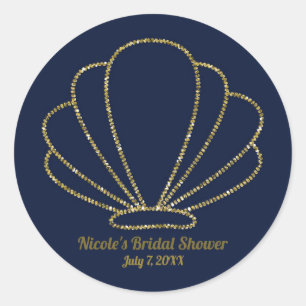 Navy Blue & Gold Sea Shell Mermaid Bridal Shower Classic Round Sticker