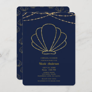 Navy Blue & Gold Sea Shell Mermaid Bridal Shower Invitation