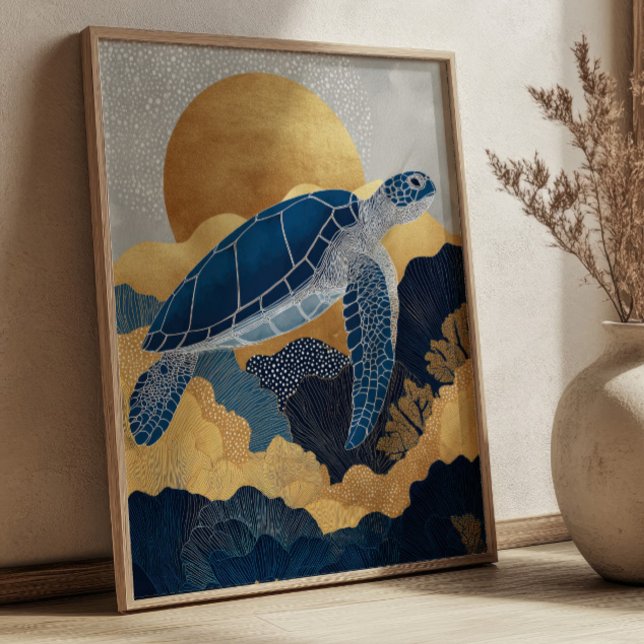 Navy Blue& Gold Sea Turtle Kintsugi Underwater Poster (Creator Uploaded)