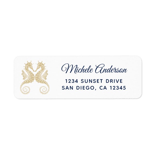 Navy Blue Gold Seahorses Wedding Return Address Label (Front)